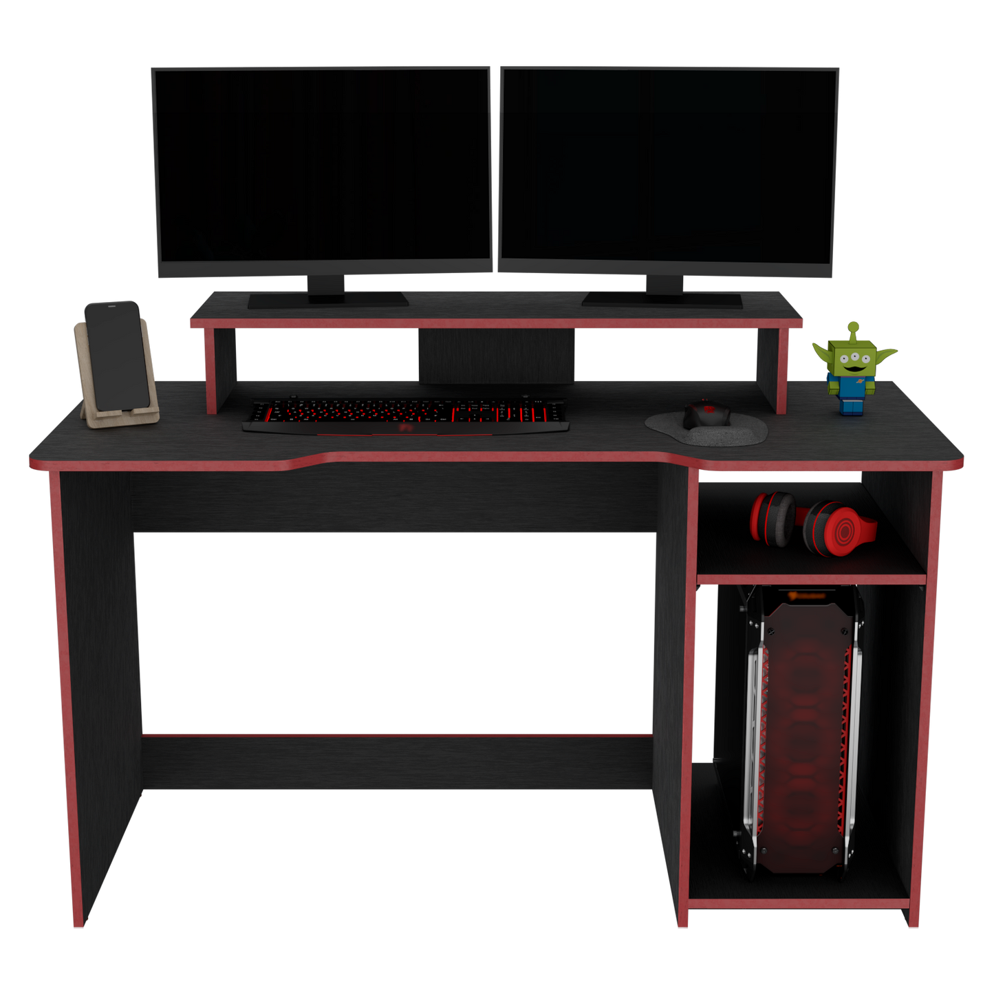Escritorio Gamer Huni, Wengue y Canto, con varios entrepaños para colocar objetos