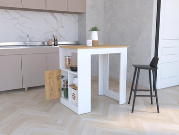 Mesa De Cocina Stirling, Blanco y Macadamia, con entrepaños para colocar objetos de cocina