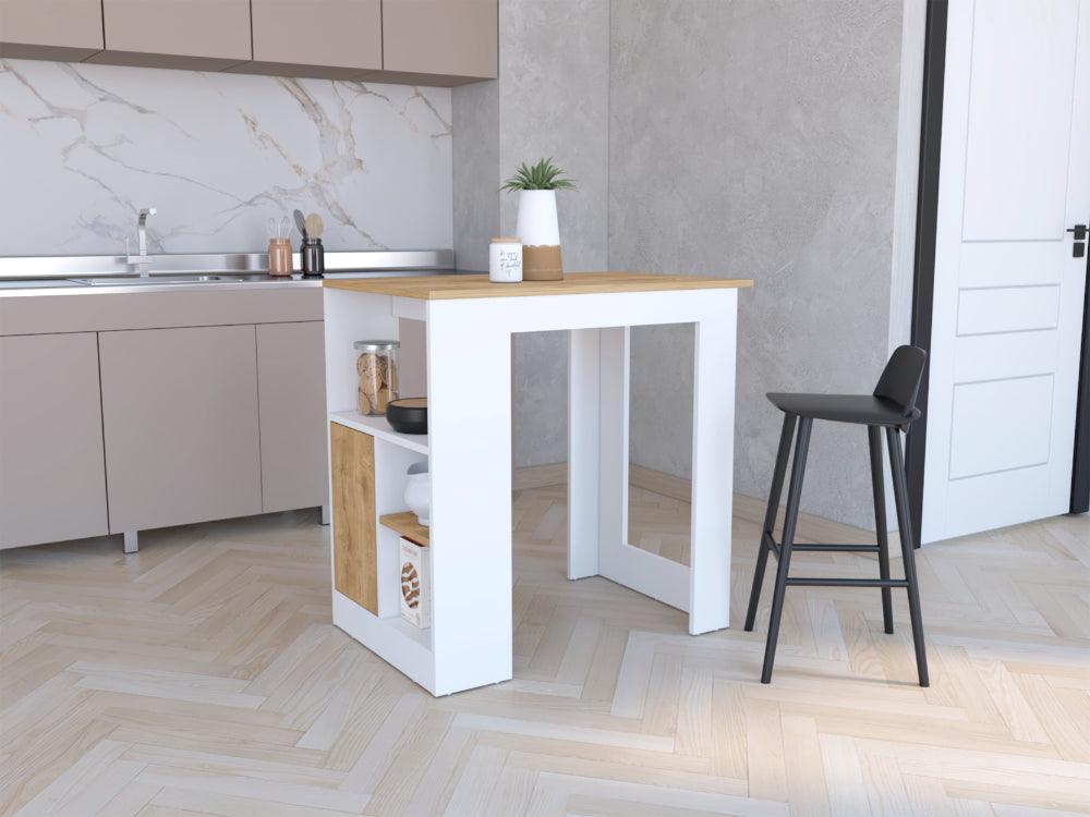 Mesa De Cocina Stirling, Blanco y Macadamia, con entrepaños para colocar objetos de cocina