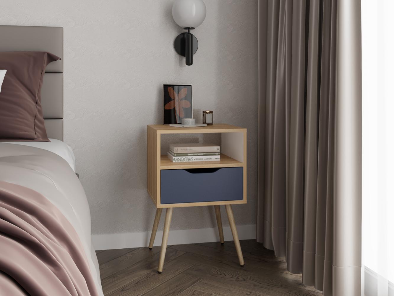 Velador Alesio, Fresno Europeo y Blanco Kronos Azul, con Patas en Madera y un Cajón