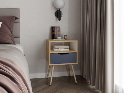 Velador Alesio, Fresno Europeo y Blanco Kronos Azul, con Patas en Madera y un Cajón