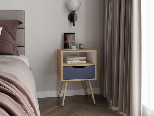Velador Alesio, Fresno Europeo y Blanco Kronos Azul, con Patas en Madera y un Cajón