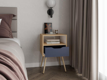 Velador Alesio, Fresno Europeo y Blanco Kronos Azul, con Patas en Madera y un Cajón