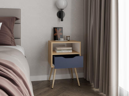 Velador Alesio, Fresno Europeo y Blanco Kronos Azul, con Patas en Madera y un Cajón