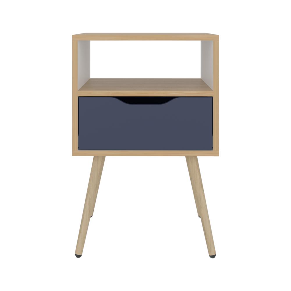Velador Alesio, Fresno Europeo y Blanco Kronos Azul, con Patas en Madera y un Cajón