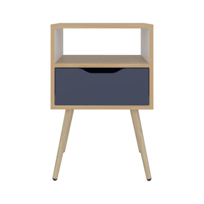 Velador Alesio, Fresno Europeo y Blanco Kronos Azul, con Patas en Madera y un Cajón