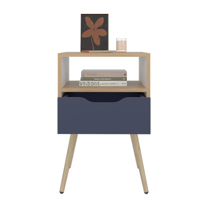 Velador Alesio, Fresno Europeo y Blanco Kronos Azul, con Patas en Madera y un Cajón