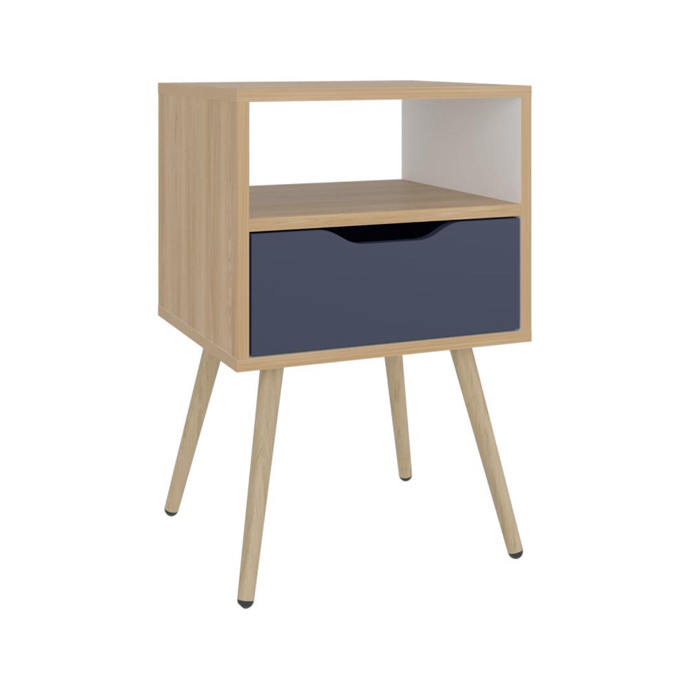 Velador Alesio, Fresno Europeo y Blanco Kronos Azul, con Patas en Madera y un Cajón