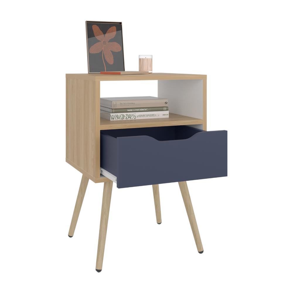 Velador Alesio, Fresno Europeo y Blanco Kronos Azul, con Patas en Madera y un Cajón