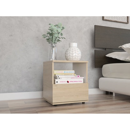 Velador Camel, Rovere y Blanco, con Un Cajón Inferior deslizable