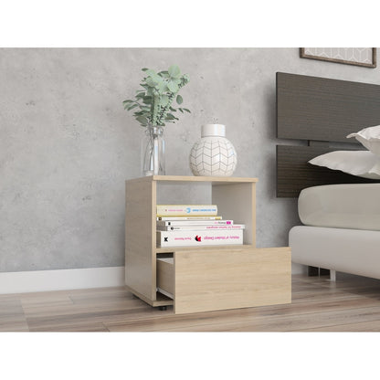 Velador Camel, Rovere y Blanco, con Un Cajón Inferior deslizable