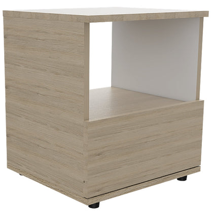 Velador Camel, Rovere y Blanco, con Un Cajón Inferior deslizable